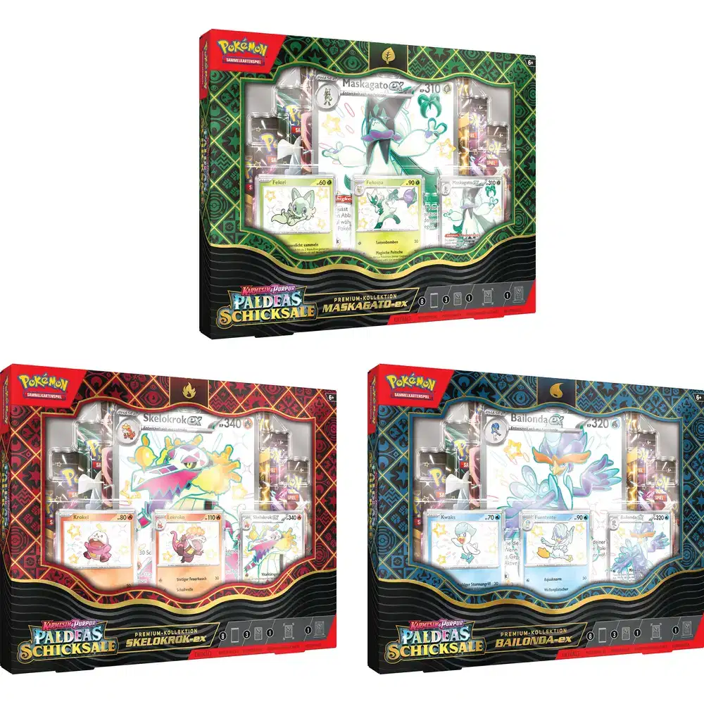 Karmesin & Purpur: "Paldeas Schicksale" - Bailonda / Skelokrok / Maskagato ex Premium Kollektion (8 Booster) kaufen